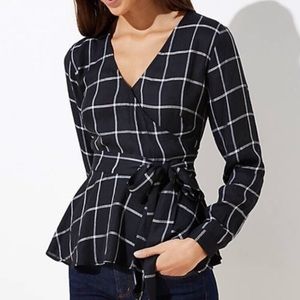 LOFT Plaid Grid Wrap Top Tie Blouse
